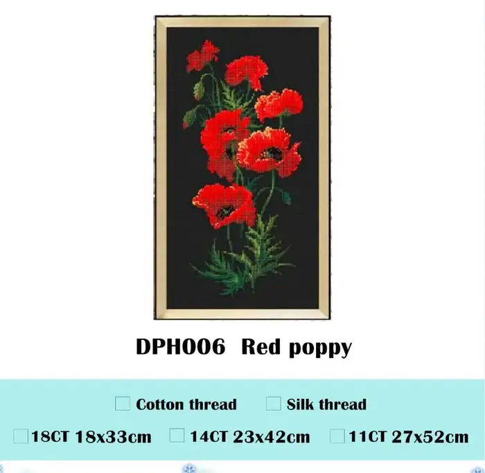 Coquelicot rouge fleurs point de croix paquet plante ensembles aida 18ct 14ct 11ct tissu noir person