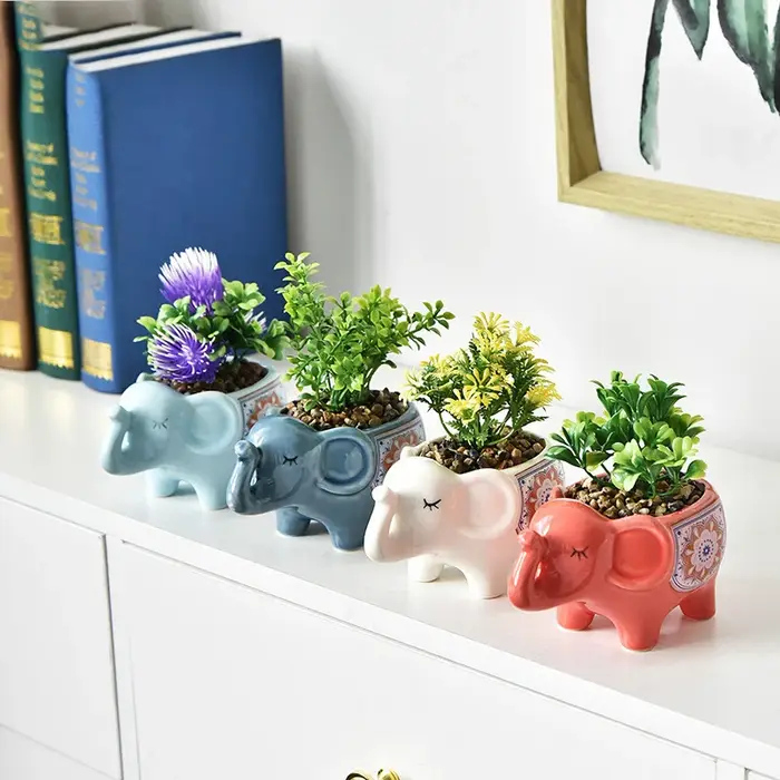 Pot de fleurs créatif en céramique en forme d'éléphant pour plantes succulentes avec trou de drainage