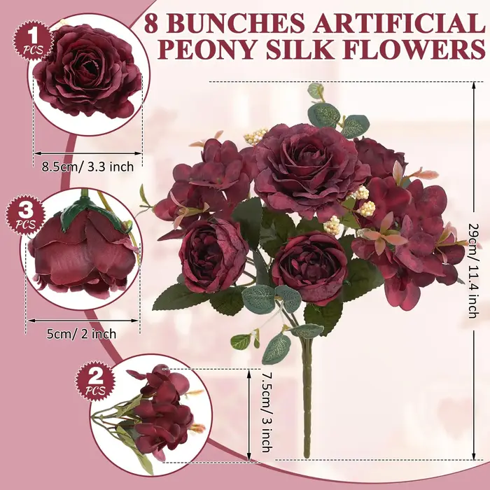 Pivoines bordeaux fleurs artificielles 2 pièces Rose hortensia Vintage fausses