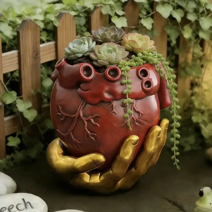 Pot de fleurs en résine rouge en forme de cœur anatomique avec support doré pour plantes succulentes
