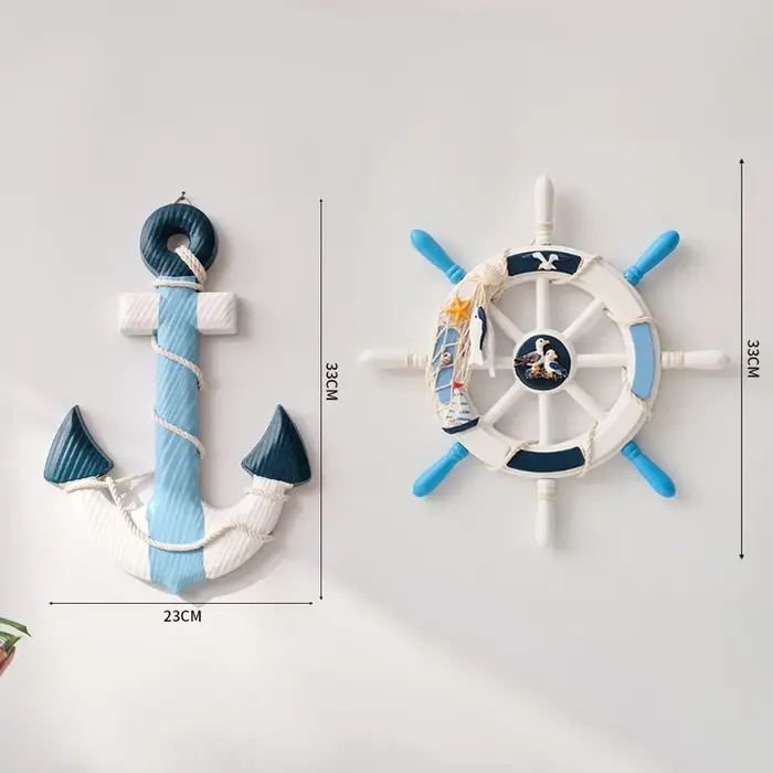 Lot de 2 gouvernails et ancre de bateau en bois nautique avec corde