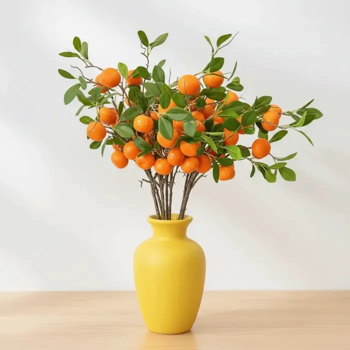 Branche d'orange artificielle avec feuilles vertes réalistes