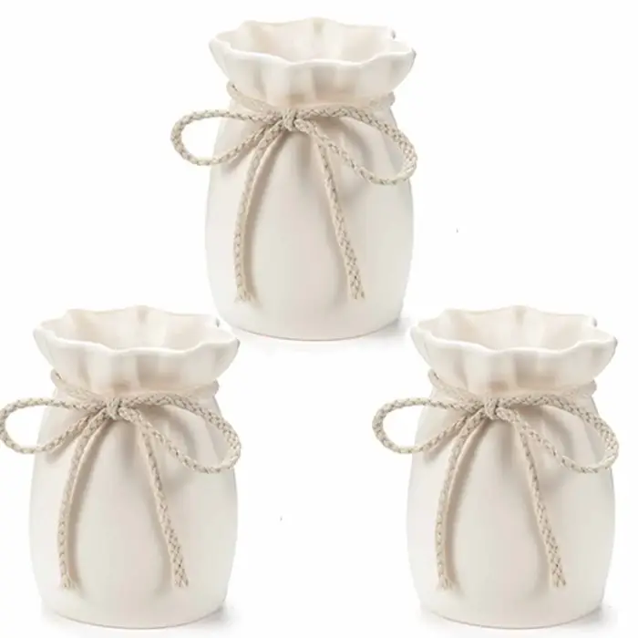 Petits pots de fleurs blancs avec nœud en jute