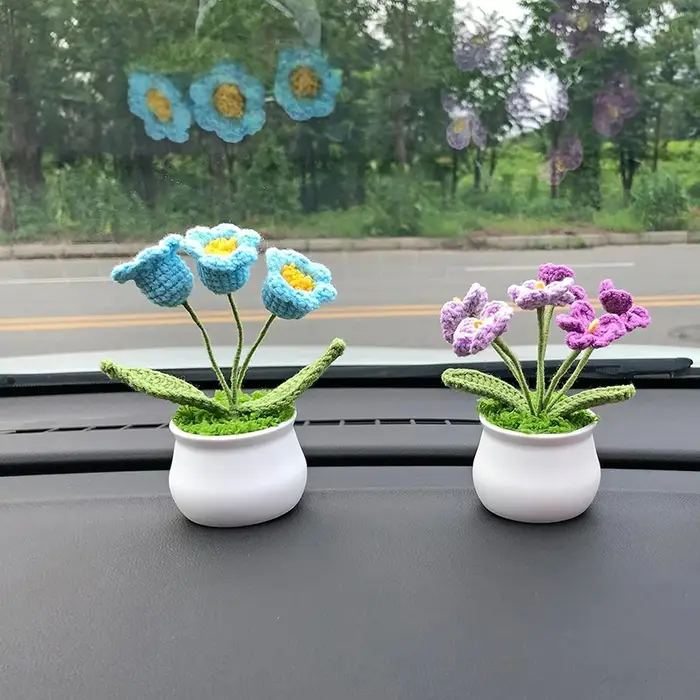 Fleur artificielle pour le bureau, le tableau de bord de la voiture, décoration, cadeaux pour femmes, fleurs pour anniversaire, Noël, fête, fleurs au crochet, bleues