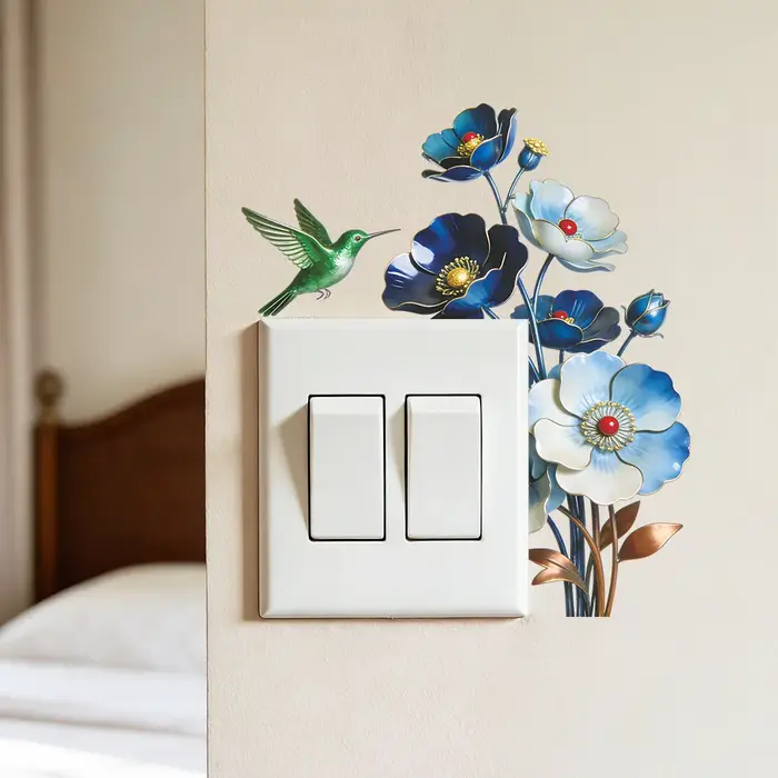 Autocollant mural amovible imperméable à l'eau avec fleurs bleues romantiques pour chambre à coucher