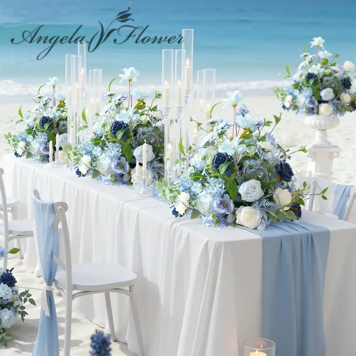 Rose artificielle Angela Flower A9076 bleue et blanche avec feuilles vertes