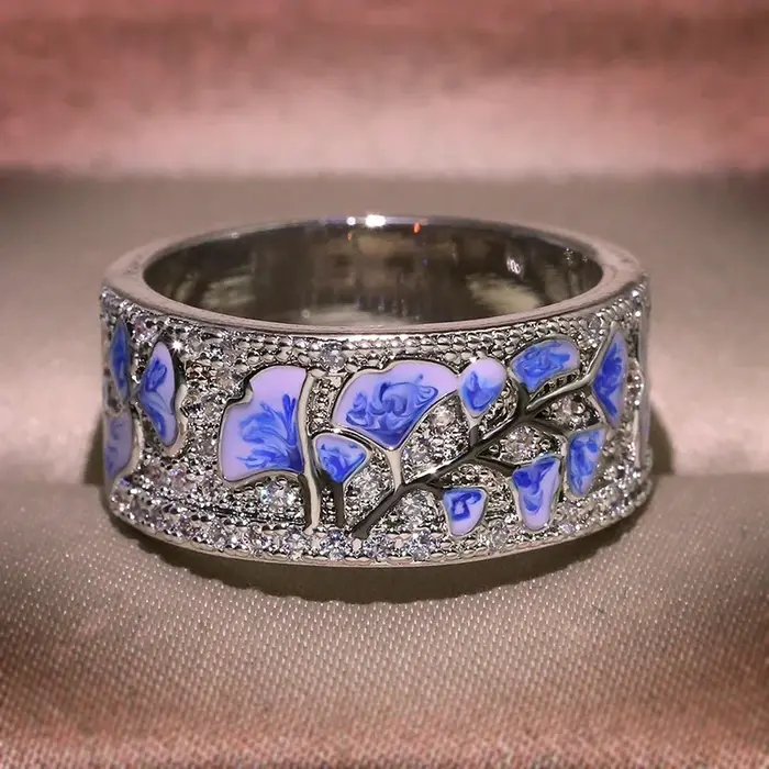 Bague Fleur en Argent pour Femme, Bague Fleur Bleue, Argent Sterling, Document de ix, Promesse de Mode, Bijoux de Mariage, Émail ocaMADE