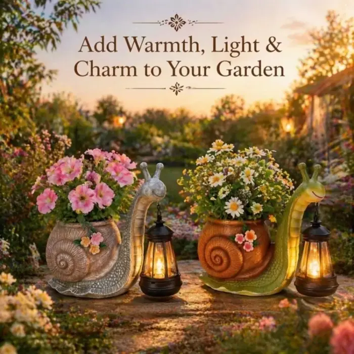 Statue de Escargot en Résine, Pot de Plantes Écologique Résistant au Soleil, Pot de Fleurs Décoratif en Résine avec Lumière LED Chaude, Vase de Jardin