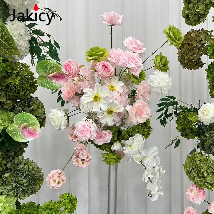 Décoration florale en rangée pour mariage, rose, pivoine, hydrangea vert, rose et blanc, fournitures pour scène d'événement, affichage de fenêtre photo, panneau KT