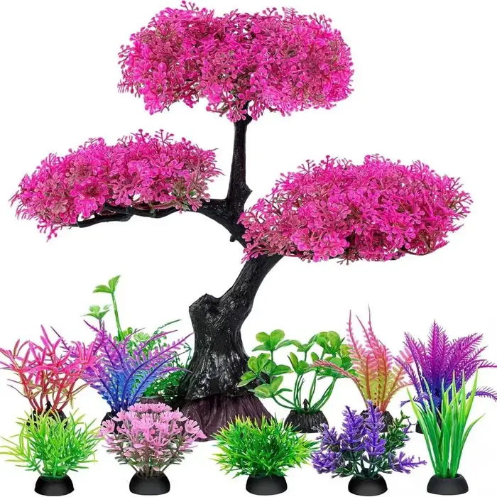 Plantes artificielles en plastique pour aquarium, plantes sous-marines réalistes, arbre à fleurs de cerisier, herbe aquatique de simulation amusante