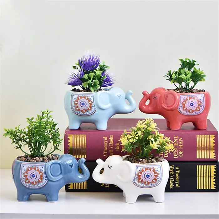 Pot de fleurs créatif en céramique en forme d'éléphant pour plantes succulentes avec trou de drainage