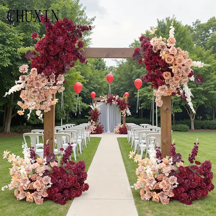 C8987 automne café Delphinium bordeaux Roses accrocher Imitation arrangements floraux mariage Photo décors sol fleurs événement accessoires