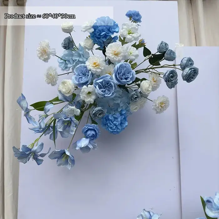 Chemin de fleurs roses artificielles de luxe, bleu, blanc, toile de fond de mariage, décoration rigo