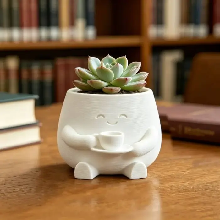 1PC Pot de fleurs succulentes en forme de tasse à café avec figurine souriante imprimée en 3D