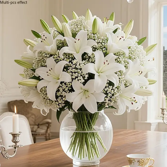 Bouquet de 25 lys artificiels avec gypsophile