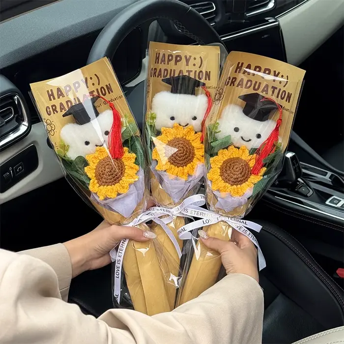 Bouquet de tournesols au crochet fait main – Cadeau amusant pour la remise des diplômes du lycée