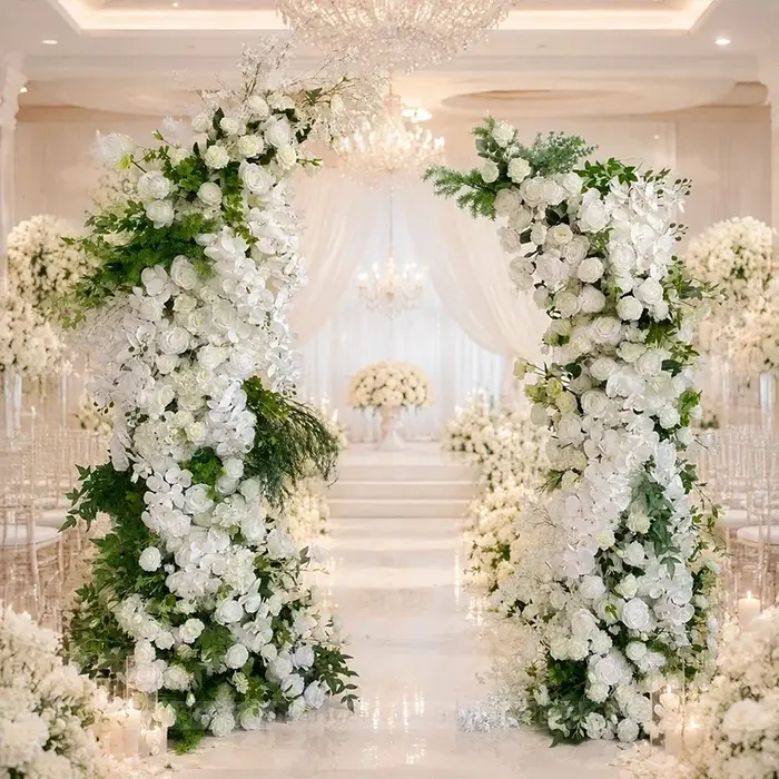 Décoration florale de mariage avec rangée de roses blanches et feuilles vertes
