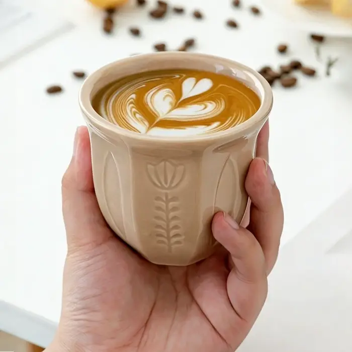 1 pièce Tasse en céramique style arabe à motif tulipe en relief 100/180/250 ml