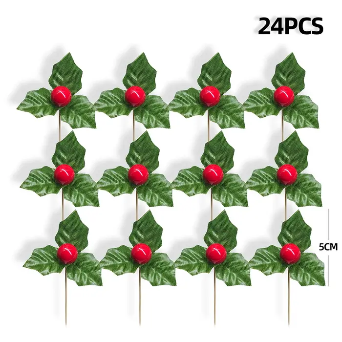 24 pièces feuille de houx artificielle baies cerise rouge petits fruits fleur de soie bricolage Bouq