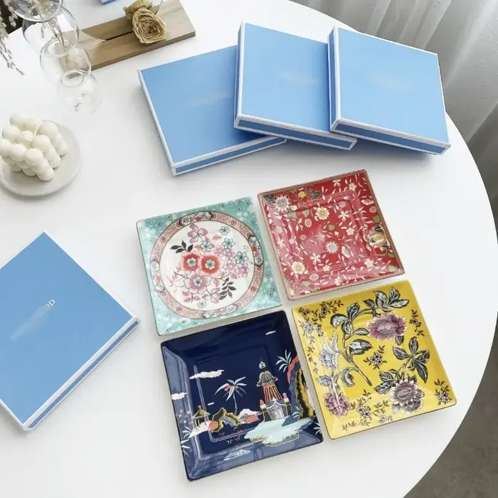 Ensemble de plats en céramique à fleurs vintage, plat carré de 14,5 cm en porcelaine osseuse, plat à gâteau, plat à dim sum, vaisselle pour le thé de l'après-midi, décoration de table à manger à la ma