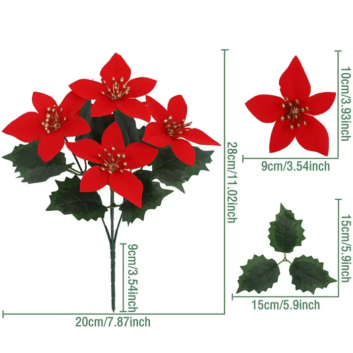 Bouquet de fleurs de Poinsettia artificielles à 5 têtes