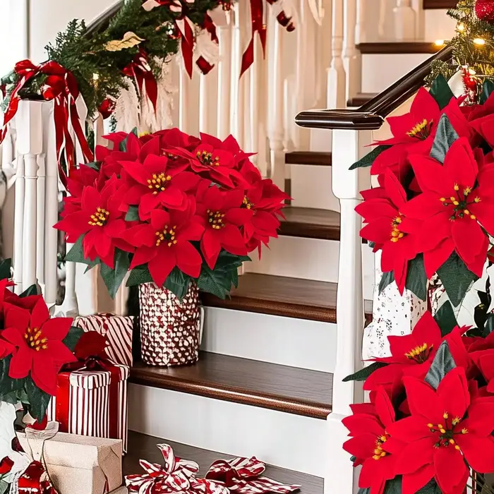 4 pièces de fleurs artificielles de poinsettia, 7 têtes de poinsettia en velours, 13,4 pouces, fleurs de Noël artificielles, poinsettia artificiel