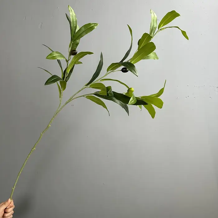 5 pièces de plantes artificielles à toucher réel, feuilles d'olivier à 3 branches, branche de fruits