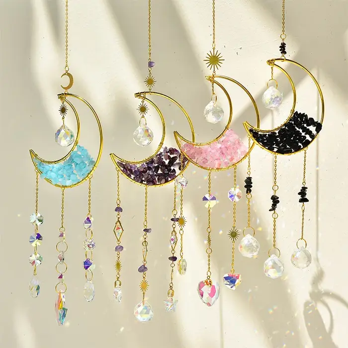 Attrape-soleil en forme de lune, carillon éolien en cristal, pendentif suspendu en métal, diamant ar
