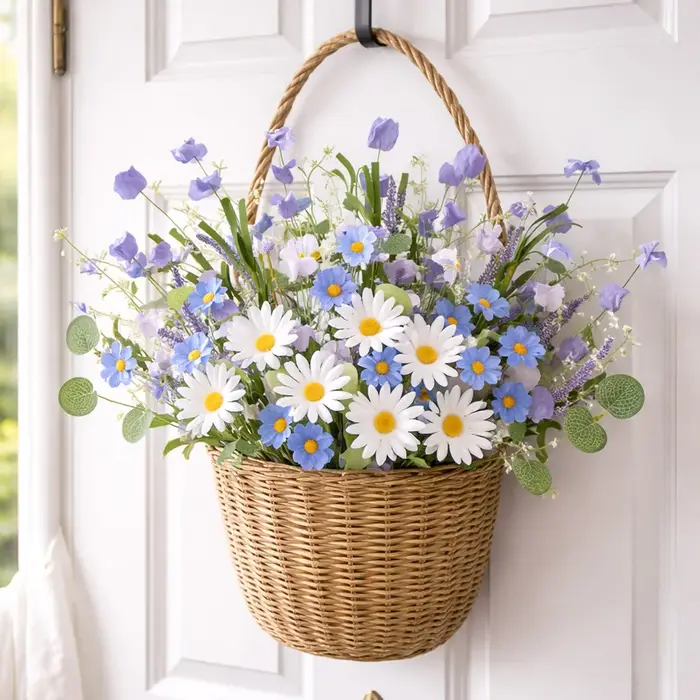 Fleurs artificielles de printemps rustiques bleues et blanches en soie