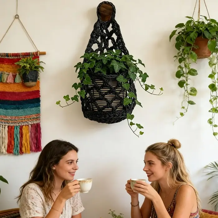 Ensemble de paniers suspendus en corde de coton tressée à la main - support mural pour plantes avec crochets
