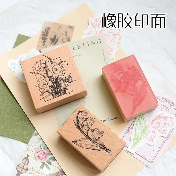 Lily Mengling Flower Ensemble de tampons décoratifs en bois à motifs de fleurs et de plantes en pot, pour DIY manuel, albums photo et journaux, 4 options