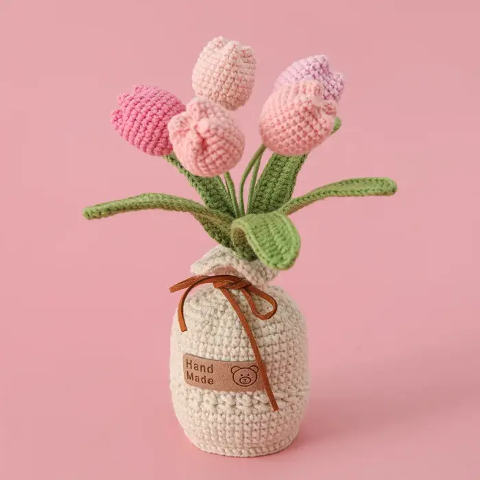 2025 tulipes fleurs au Crochet avec Pot de tournesol tricoté, accessoires de bureau, Pot de plantes 