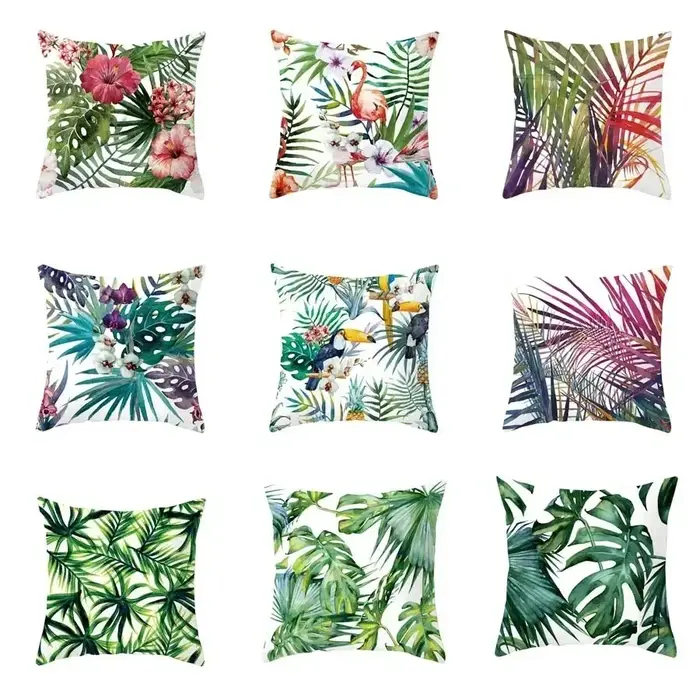 Housse de coussin avec motifs de plantes tropicales d'été et de feuilles vertes