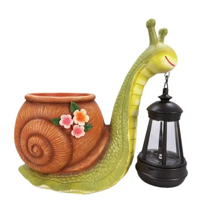 Statue de Escargot en Résine, Pot de Plantes Écologique Résistant au Soleil, Pot de Fleurs Décoratif en Résine avec Lumière LED Chaude, Vase de Jardin