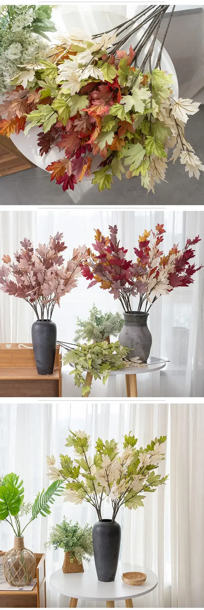 5 pièces de feuilles d'érable artificielles en soie à longues tiges, fausses plantes pour la décoration intérieure, décoration de jardin, de mariage et de fête