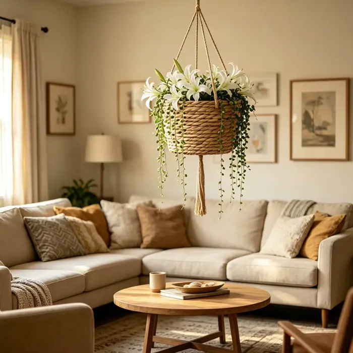 Pot de fleurs suspendu en paille pour balcon