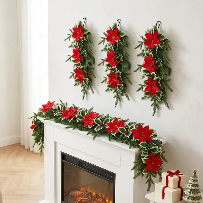 4 plantes artificielles, poinsettia, branche de pin, baies, décoration murale pour la maison et le jardin, décoration de Noël, plante verte artificielle.