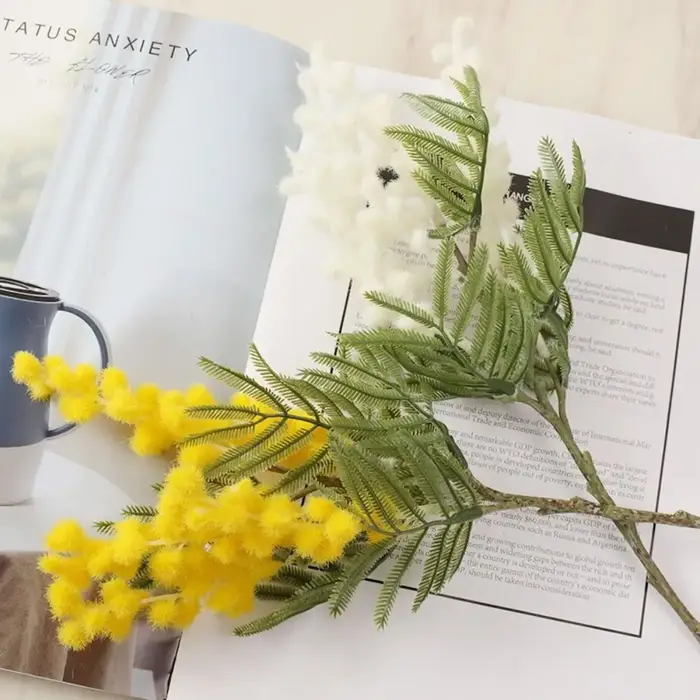 Faux arbre à mimosa blanc pour décoration intérieure, branche de fleurs artificielles, fausse plante, fausse fleur, fausse acacia