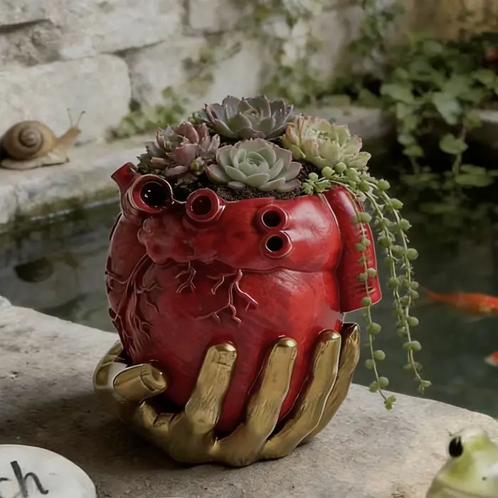 Pot de fleurs en résine rouge en forme de cœur anatomique avec support doré pour plantes succulentes