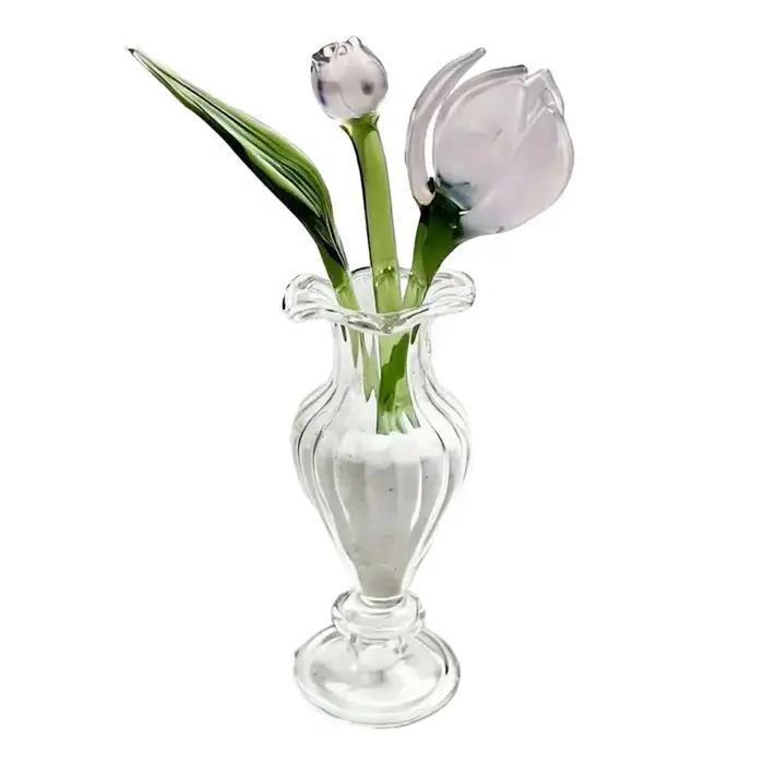Bouquet de fleurs (œillet, lys, pivoine) en vase, mini figurine florale en verre soufflé à la main, 