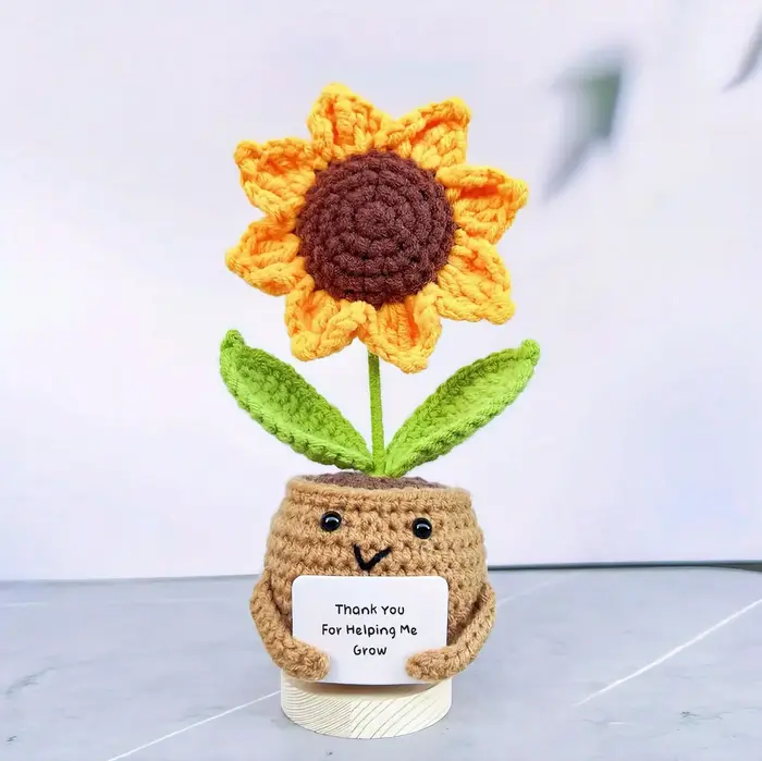 1 pièce de plante de tournesol au crochet en pot, mini ornement de bureau fait main mignon et émotio