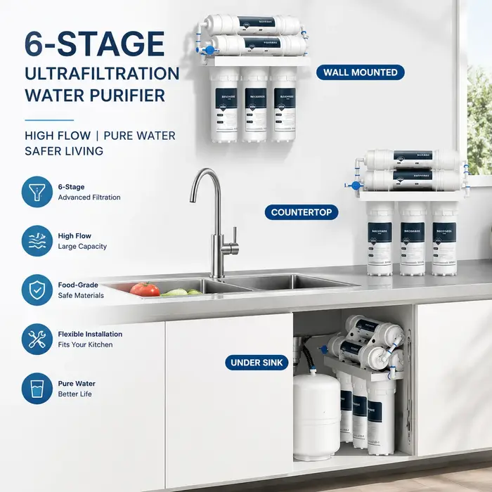 Purificateur d'eau à ultrafiltration 6 étapes, grand débit, anti-calcaire, filtre sous évier pour robinet d'eau, purification domestique de cuisine