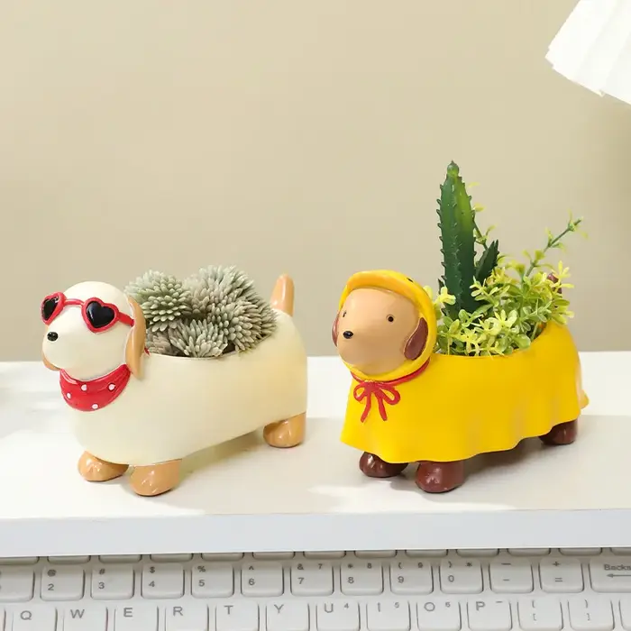 Pot à succulentes en résine en forme de Teckel mignon - Adorable pot de fleurs en forme de chien avec trou de drainage pour plantes d'intérieur, bureau et décoration de la maison