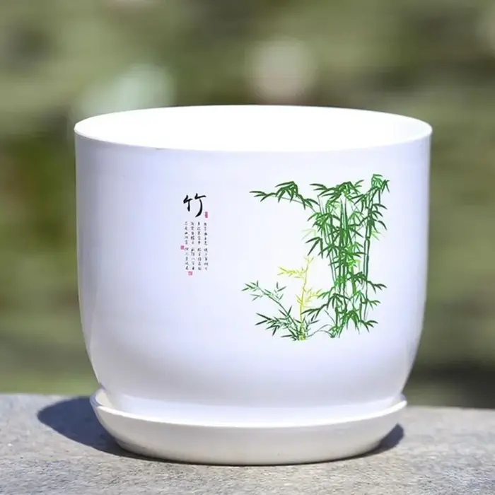 Pot de fleurs en plastique extra large blanc avec plateau, pot de fleurs en résine PP rond respirant