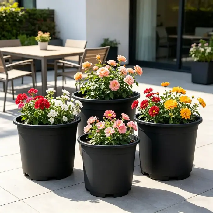 Pot de fleurs d'intérieur en plastique noir avec trous de drainage