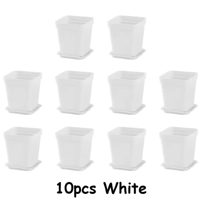 10 pots de plantes carrés en plastique blanc de 7 cm avec plateaux de drainage - Idéal pour les plan