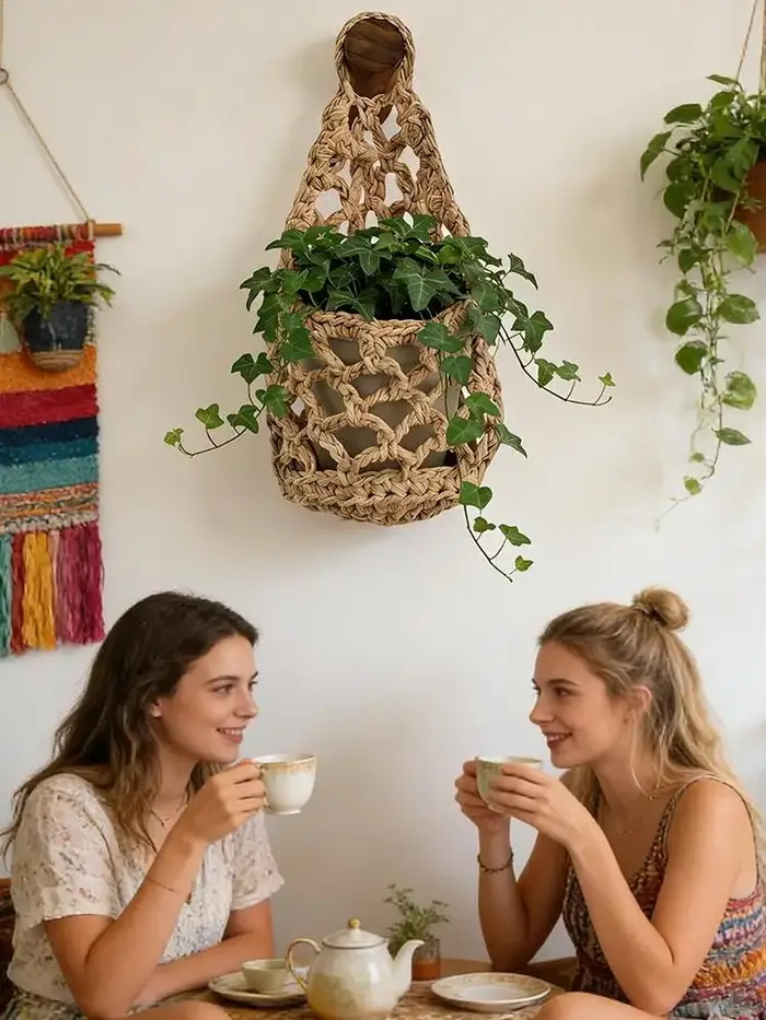 Panier suspendu pour plantes en corde de coton tissée à la main