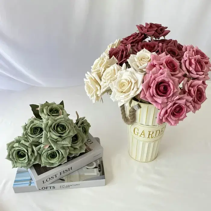 Fleurs artificielles en soie diamant Roses Bouquets maison chambre décoration Simulation fleur haricot couleur sable Rose Bouquet plante