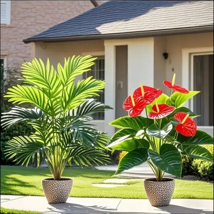 Grands plantes de palmier artificielles et feuilles de Cycads vertes Anthurium