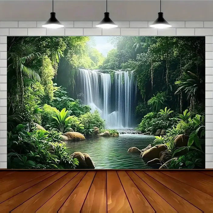 1 fond de cascade de jungle brumeux - Fête en polyester